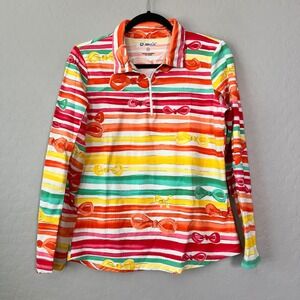 IBKÜL Size M Quarter Zip Sun Shirt Rainbow Stripe Bow Print Long Sleeve Mesh